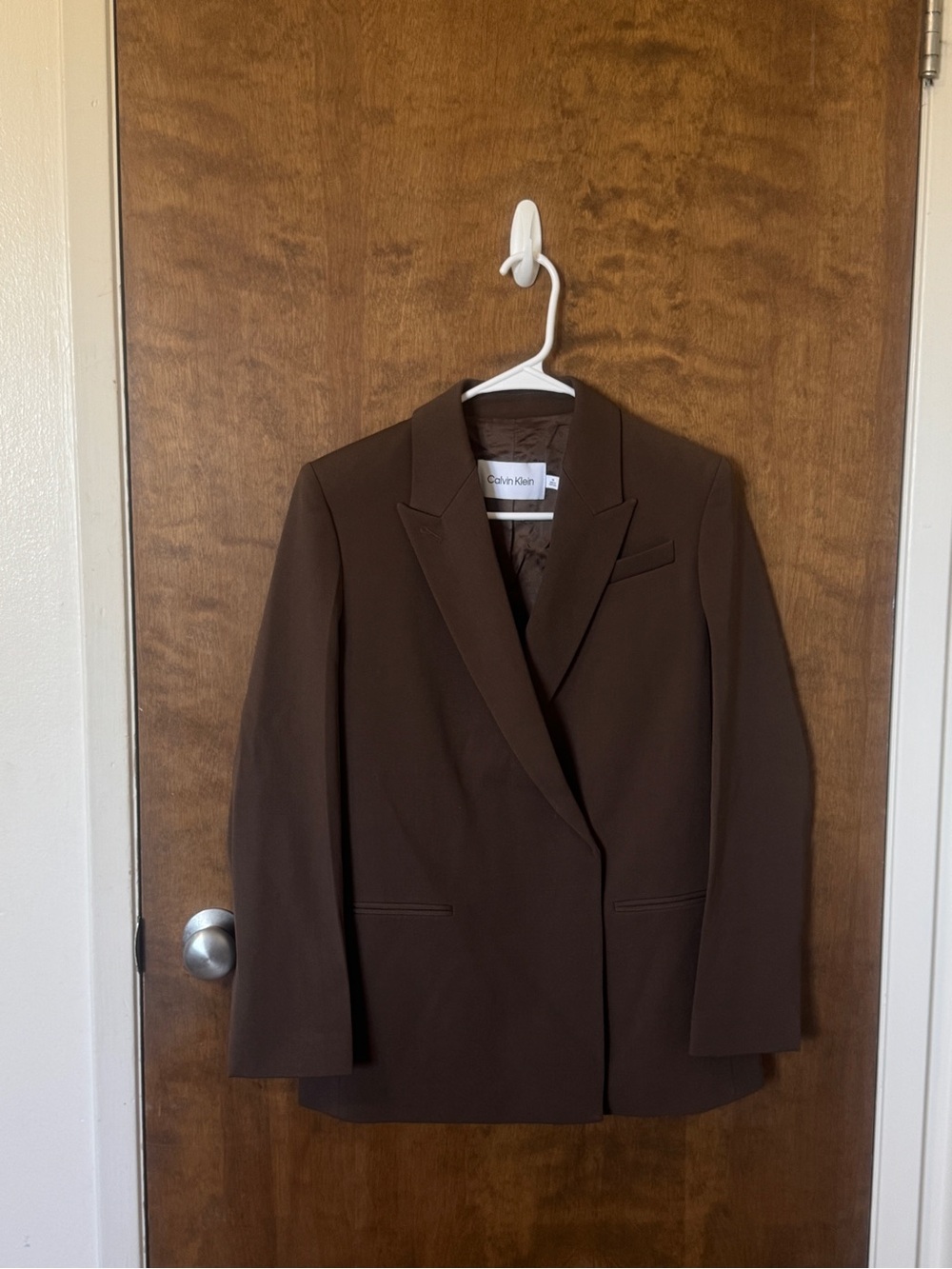 NWOT Calvin Klein Wool Brown Oversized Double-Breasted Blazer - Picture 4 of 7